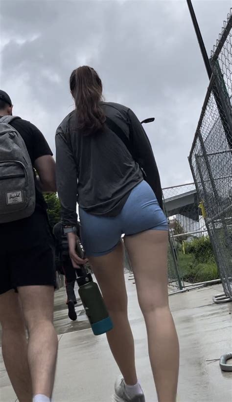 Succulent College Brunette In Light Blue Spandex Shorts Vpl Oc