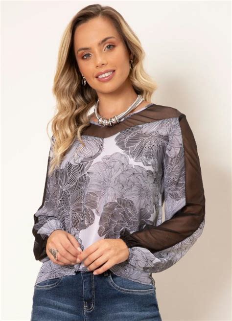 Blusa Geo Étnico Com Decote E Mangas Em Tulê Quintess