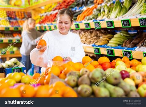 Cheerful Teen Girl Shopping Organic Fruits Stock Photo Edit Now