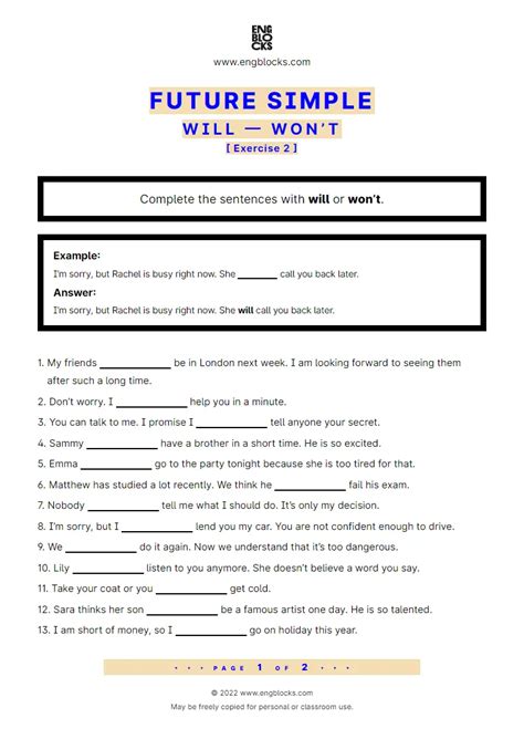 Future Simple Will Or Wont Worksheet English Grammar