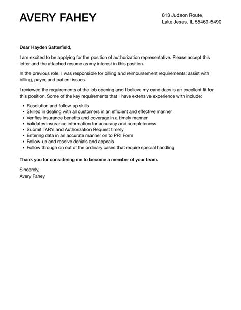 Authorization Representative Cover Letter Velvet Jobs