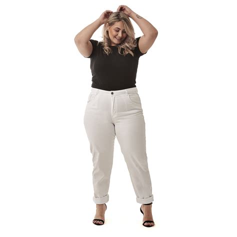 Calca Jeans Branca Feminina Plus Size Cintura Alta Lycra