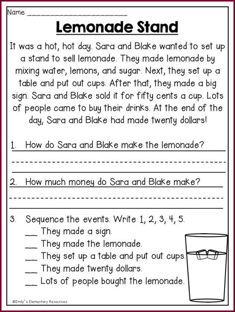 Reading Comprehension Worksheets First Grade Printable Computer Tools