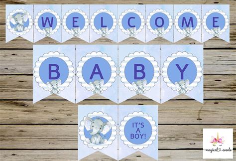 Blue Elephant Baby Shower Digital Banner, Baby Shower Favors Favor, Boy Elephant Theme Digital ...