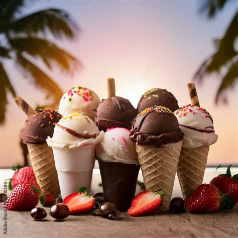 Ice Cream Conean Array Of Indulgent Frozen Treats Including Ice Cream Sundaes Popsicles And