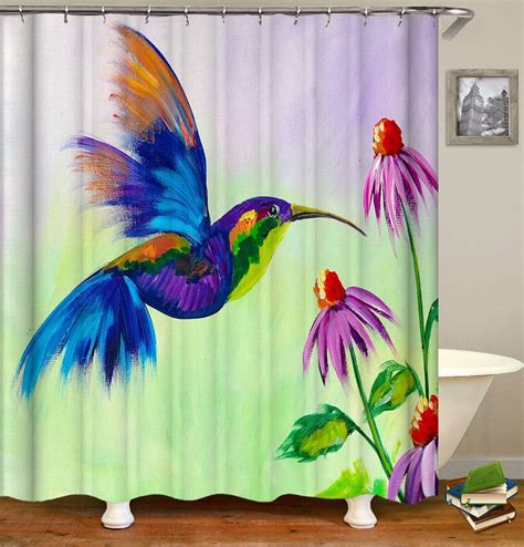 Hummingbird Shower Curtain With Hooks Bird Waterproof Fabric Etsy