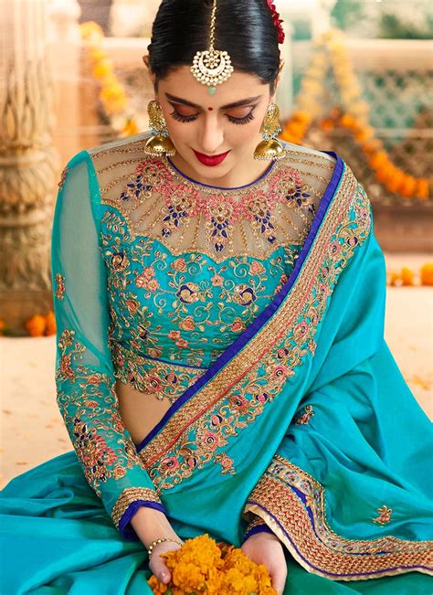 Buy Rama Blue Paper Silk Wedding Saree In UK USA And Canada