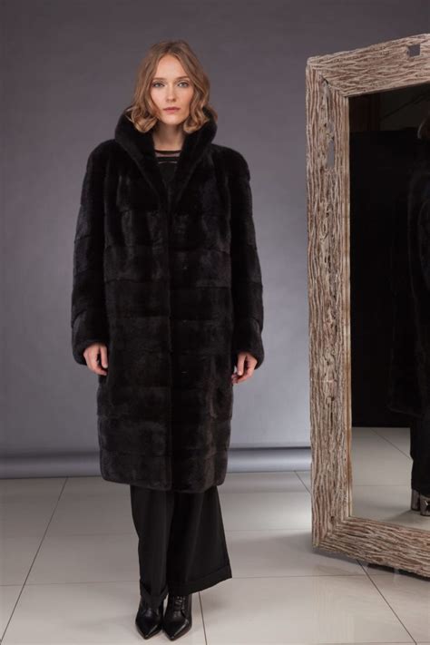 Black Velvet Luxury Mink Fur Coat With High Collar Handmade By Nordfur