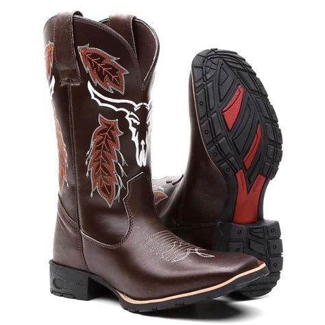 Bota Botina Texana Masculina Country Bico Quadrado Em Couro Cara De Boi