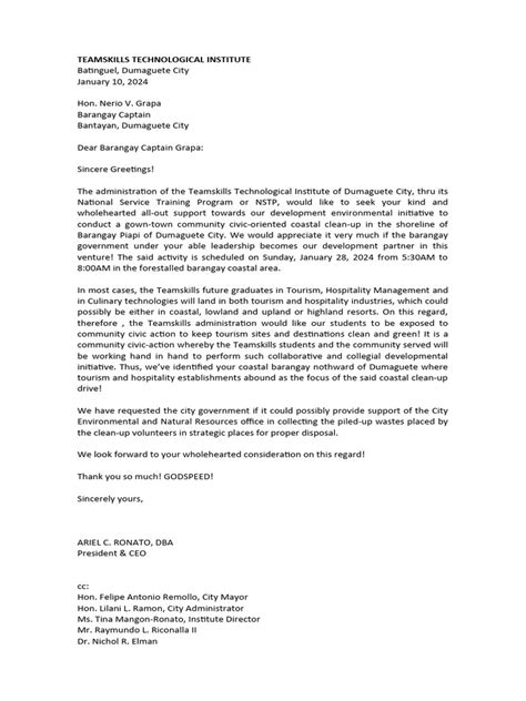 Letter For Barangay Captain Dr Elman Pdf Tourism Service Industries