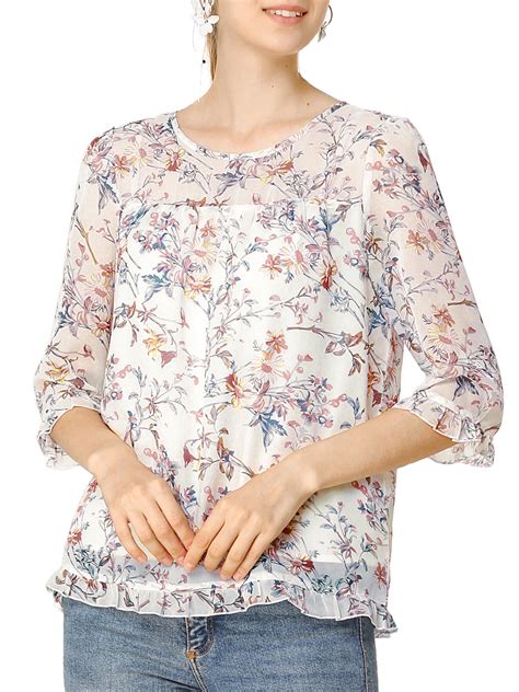 Allegra K Blouses For Women Floral Round Neck Ruffled 34 Sleeves Flowy Chiffon Tops M White