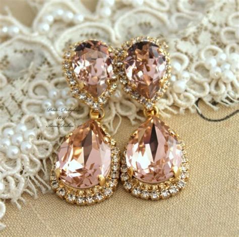 Blush Pink Bridal Chandelier Swarovski Rhinestone Earrings Wedding