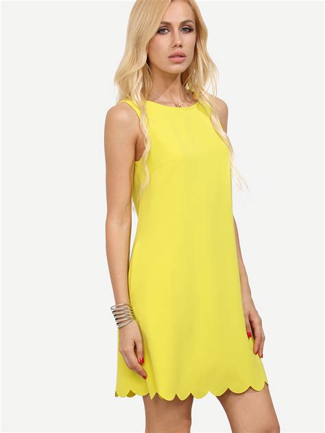 Yellow Sleeveless Scalloped Hem Shift Dress Shein Sheinside