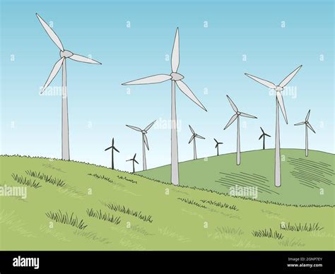 Windmills Graphic Color Landscape Sketch Illustration Vector Stock