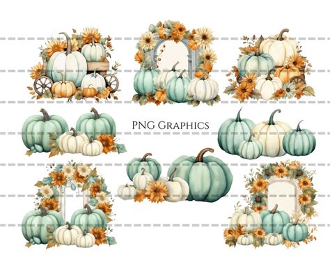 Watercolor Clipart Cottagecore Fall Graphics Sage White Pumpkins