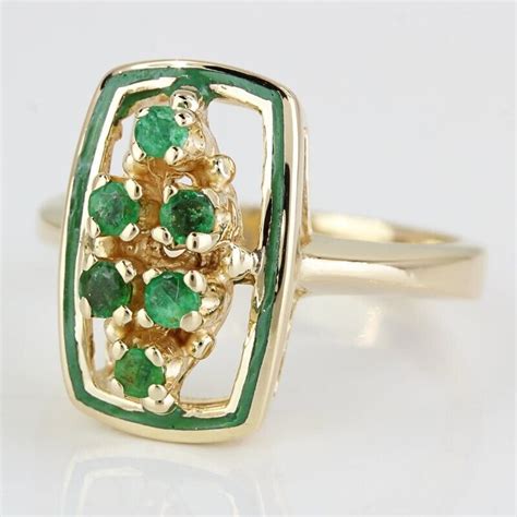 Vintage Retro K Yellow Gold Emerald And Green Ename Gem