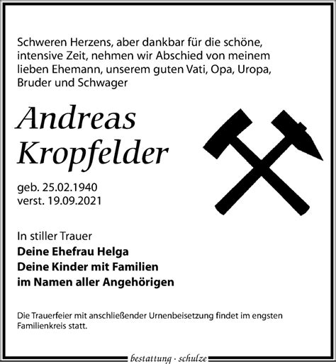 Traueranzeigen Von Andreas Kropfelder Trauer Anzeigen De