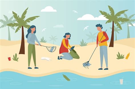 Colorful Illustration Of People Cleaning The Beach Vector Free Download