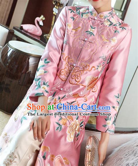 Traditional China National Costume Chinese Tang Suit Pink Dust Coats