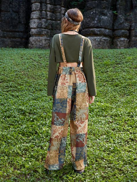 Romwe Hippie Patchwork Print Wide Leg Overall Jumpsuit Shein Uk