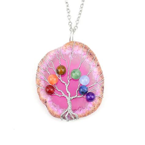 Tree Of Life Wire Wrapped Chakras Natural Stone Pendant Necklace