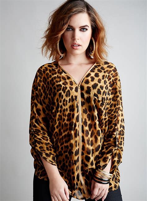 Plus Size Leopard Print Convertible Sleeve Blouse With Zipper Neckline