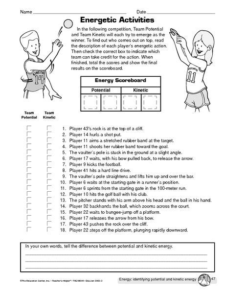 Potential And Kinetic Energy Worksheets 6th Grade