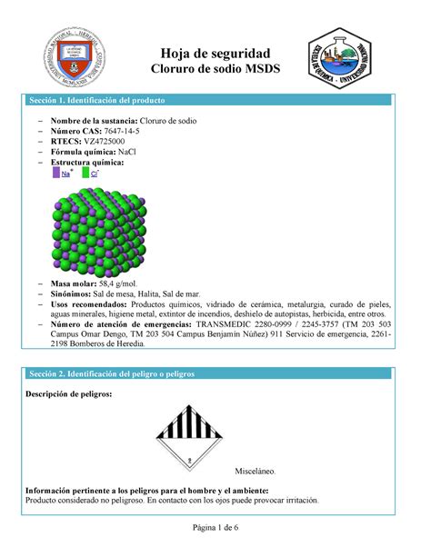 Cloruro De Sodio MSDS NaCl Hoja De Seguridad Cloruro De Sodio MSDS