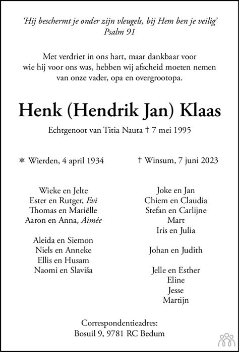 Hendrik Jan Henk Klaas 07 06 2023 Overlijdensbericht En Condoleances