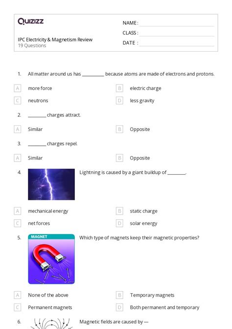 Electric Charge Field And Potential Worksheets For Th Grade On