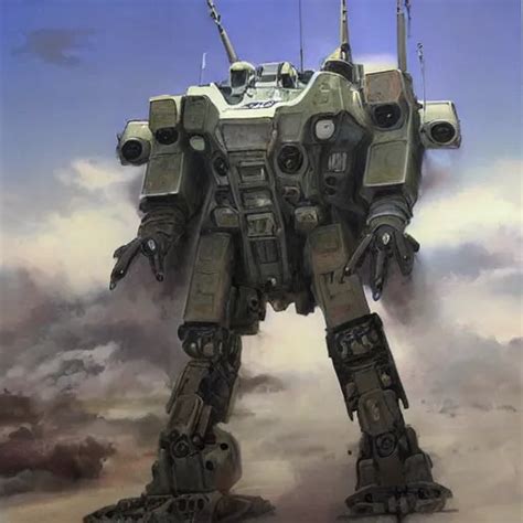 Oil Painting Of A Huge Military Mech Sleek Elegant Stable