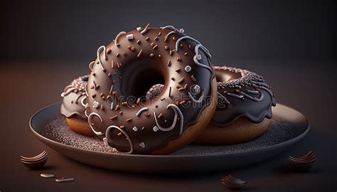 Chocolate Sprinkled Donuts On A White Plate AI Generative Stock