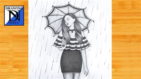 How To Draw Girl With Umbrella In Rain Pencil Sketch For Beginner