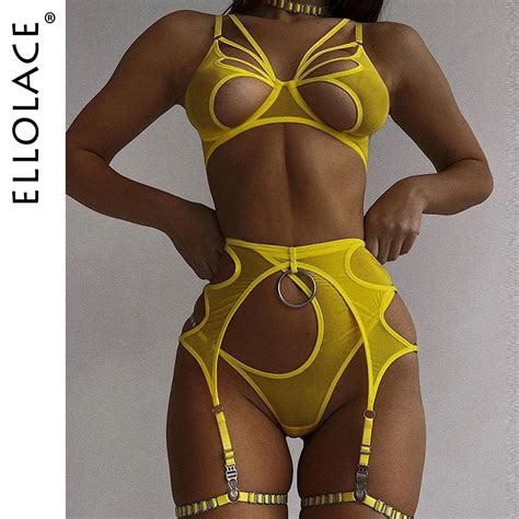 Ellolace Ensemble De Lingerie Sexy Soutien gorge Découpé Culotte