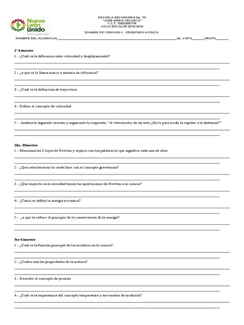 Examen final de ciencias 2º de secundaria preguntas abiertas