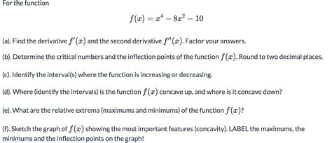 Solved For The Function F X X4 8x2 10 A Find The