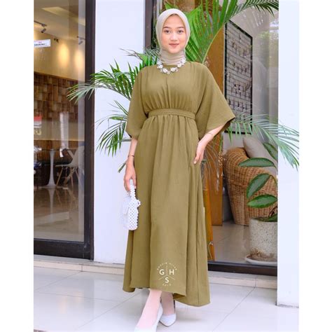 Jual Najwa Gamis Midi Tali Dress Kaftan Atasan Wanita Crincle Airflow