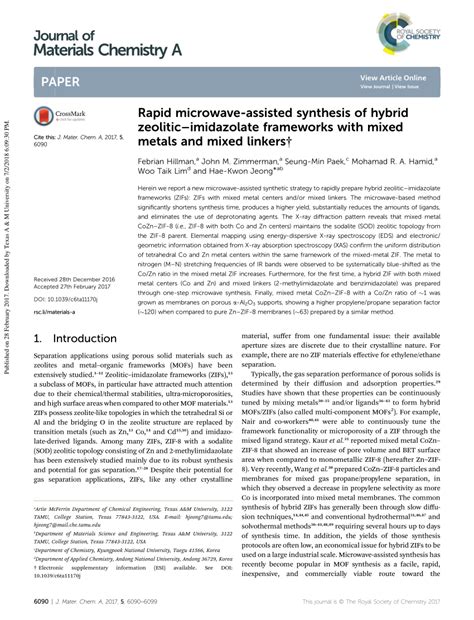 Pdf Rapid Microwave Assisted Synthesis Of Hybrid Zeolitic Imidazolate