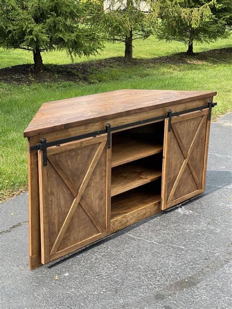 Sliding Barn Door Corner Tv Stand Farmhouse Entertainment Etsy In 2021 Corner Tv Stand