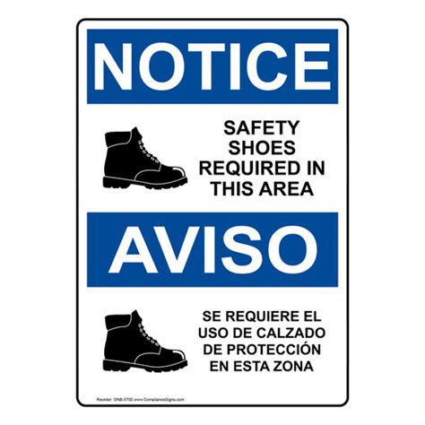 Vertical Safety Shoes Required Area Symbol Bilingual Sign Osha Notice