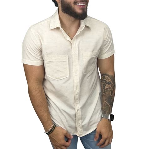 Camisa Social Masculina Manga Curta Slim Fit de Linho Escorrega o Preço