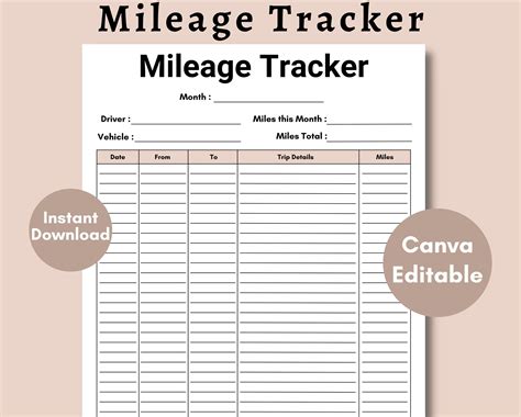 Mileage Tracker Printable Work Trip Miles Driving Tracker Editable Business Mileage Log Book