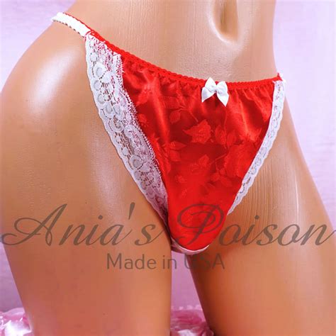 Anias Christmas Satin Red Floral Stiff Satin White Lace String Bikini