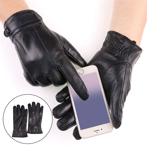 Qbgsay Warm Gloves Mens Winter Black Leather Gloves For Driving Dress Real Sheepskin Leather