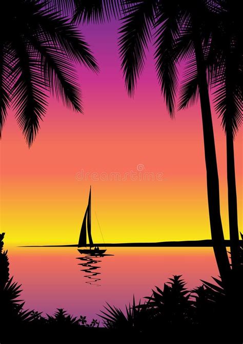 Tropical Scene With Sailboat Stock Vector Illustration Of Dusk