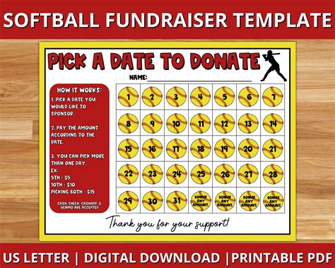 Softball Calendar Fundraiser Pick a Date to Donate Printable - Etsy | Softball fundraising ...