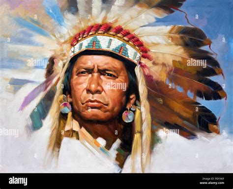 Painting Native American Indian Chief in full headdress Stock Photo - Alamy