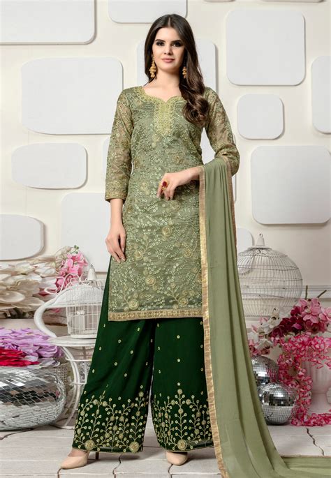 Olive Green Organza Pakistani Style Suit