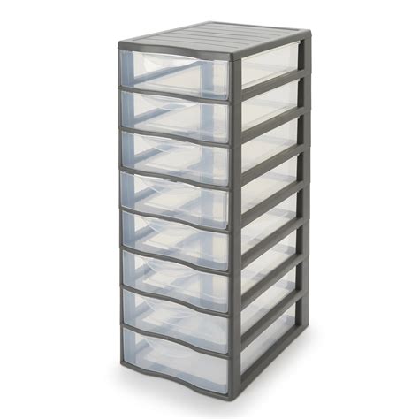 Kontor Clear Grey 33L Stackable Foldable 8 Drawer Tower Unit