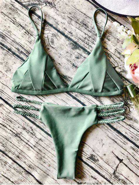 Off Padded Cami Bikini Set In Sage Green Zaful